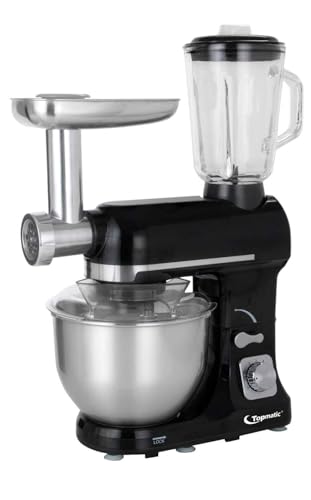 Topmatic Küchenmaschine 5 Liter mit Zubehör - 1800 W - Teigknetmaschine, Zerkleinerer, Fleischwolf, Universal Multifunktions Küchenmaschine, Standmixer, Edelstahl, Rührgerät, PKM-1800.1BG, Schwarz