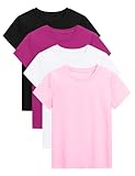 KEREDA 4 Pack Girls Short Sleeve Shirts Cotton T-Shirts Summer Basic Tees Tops Clothes for Kids Black, Amaranth, Pink, White 13-14 Years