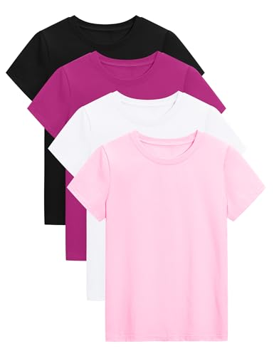 Image of KEREDA 4 Pack Girls Short Sleeve Shirts Cotton T-Shirts Summer Basic Tees Tops Clothes for Kids