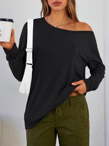 Trendy Queen Womens Tops Oversized Tshirts Off The Shoulder Long Sleeve Shirts One Shoulder Fall Outfits 2026 Casual Basic Tees Asymmetrical Going Out Y2K Cute Fashion Clothes Black M - Image 6
