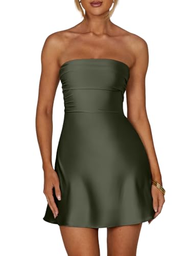 Image of XXTAXN Women's Sexy Tube Strapless Ruched A Line Wedding Guest Cocktail Satin Mini Dress
