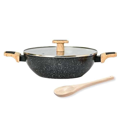 Image of Kreme Ceracook Ceramic Coated Granite Kadai 3.2L /26cm with Glass Lid, Deep Frying Kadhai, ISI Certified, Forged Aluminium, Gas & Induction Use, Non Toxic PFAS & PTFE Free, 1 Yr Warranty, Black