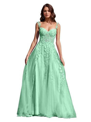 Image of Long Tulle Prom Dresses 2025 V Neck Floral Long Ball Gowns for Women Lace Applique Formal Evening Gowns ACE159