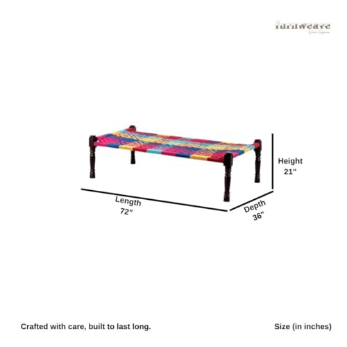 Image of Solid Sheesham Wood Charpai Khat | Handcrafted Daybed Khatiya Charpai with Cotton Rope | Traditional Khat Bed Wooden Diwan Cot for Living Room | 6X3 Feet | Colorful 001, Multicolour