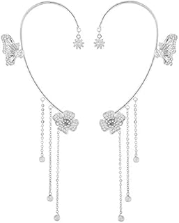 Butterfly Flowers Tassel Earrings,Butterfly Tassel Earrings,Shiny Zircon Butterfly Ear Clip,Butterfly Drop Earrings,No Piercing Butterfly Ear Clip for Girls Women (Silver-1,1 Pair)