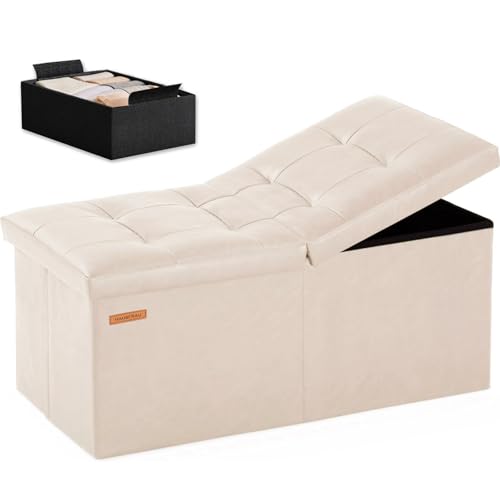 HAUSFRAU 31.5 Inches Ottoman with Storage Bench, Folding Ottoman Bench Small Foot Rest Stool, Bedroom Bench with Flipping Lid, Faux Leather Ivory by HAUSFRAU - Used condition - US$38.94