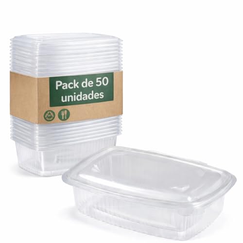 Envases comida para llevar 750ml, pack de 50 unidades, tapa transparente, recipientes plástico PP desechables para hostelería, restauración y delivery, comida caliente y fría, apto para microondas