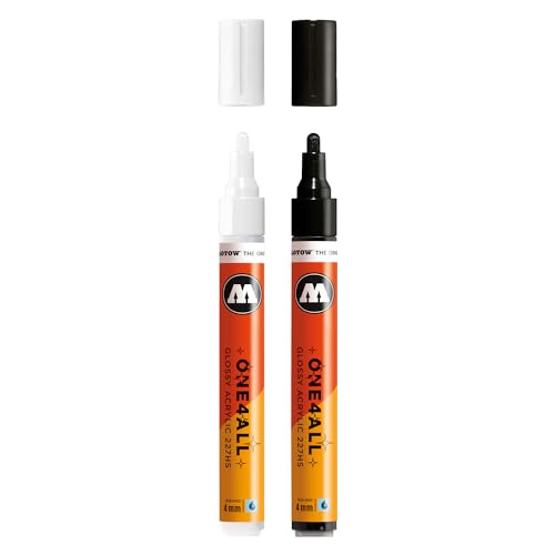 Molotow One4All 227HS Lot de 2 marqueurs acryliques brillants (épaisseur de trait de 4,0 mm, brillants, très couvrants et permanents, séchage rapide, rechargeables) 251 blanc brillant et 252 noir