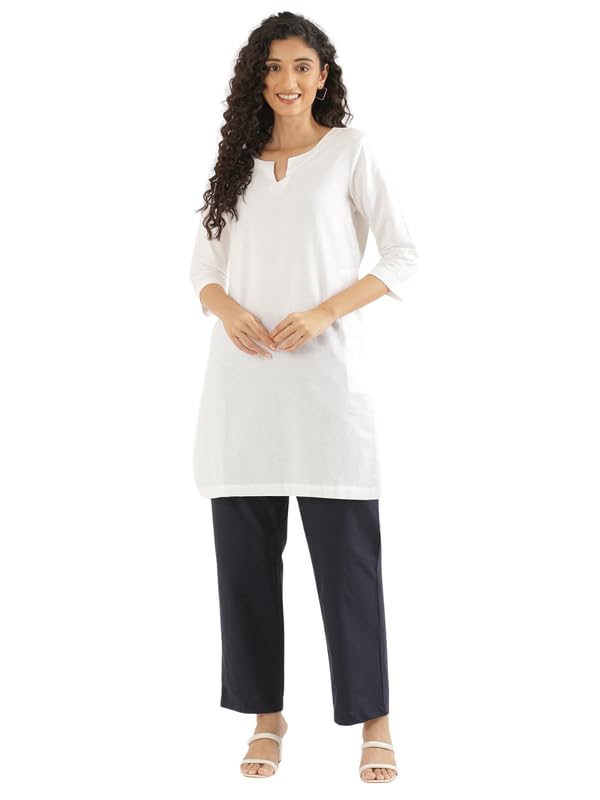 Image of SAADAA Airy Linen Mid Thigh Length Kurta for Women | Stylish Split Neck, 3 /4 Sleeves & Side Pockets | Comfortable Everyday Wear Kurta | Breathable Fabric |