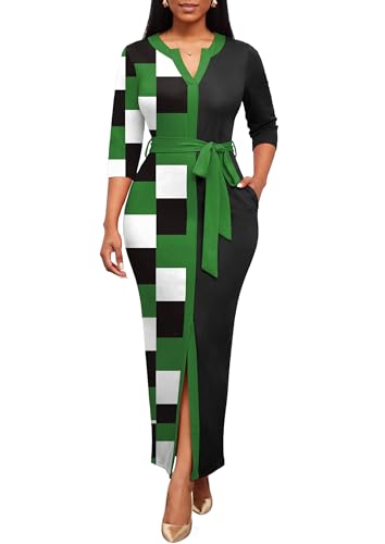 Image of Nmoder Maxi Dress for Women Long Church Cocktail Casual Dresses Colorblock Front Split 3 /4 Sleeve V Neck Pencil Dress