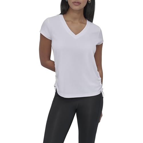 Image of DKNY Women's Short Sleeve V-Neck Tech Ruched Side Seam Active T-Shirt