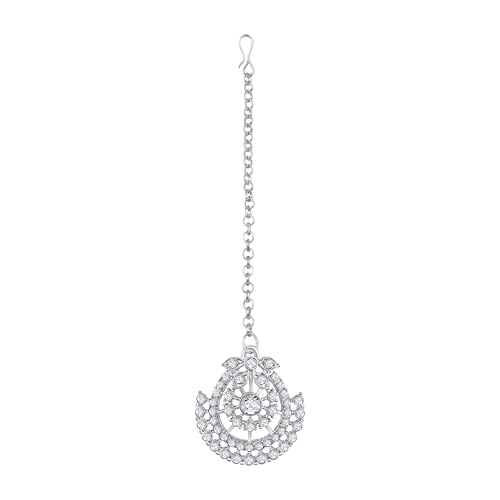 Image of Atasi International Silver Plated White Crystals American Diamonds Stylish Necklace Set with Earrings and Maang Tikka for Women and Girls | Stylish Jewellery for Party, Wedding and Festive Occasions (R6160)