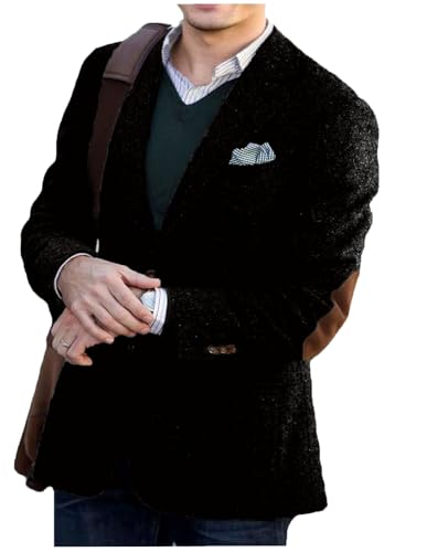 VENNYNG Men's Tweed Blazer Single Breasted Jacket with Elbow Patches Men Spring Short Vintage Trench Coat Black