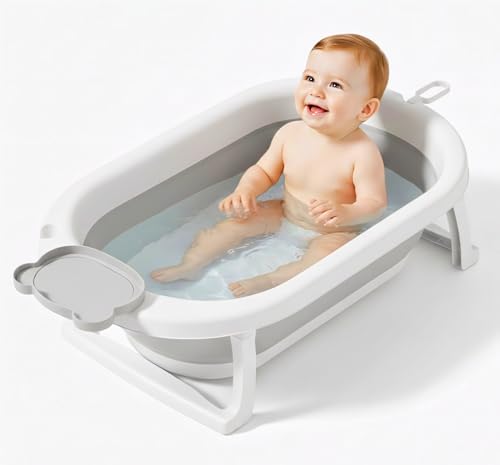 Image of Foldable Baby Bathtub for 0-3 Years | Collapsible Portable Bath Tub with Soap Holder & Drain Plug | Non-Slip Legs, Heat Retention Design, BPA-Free Safe Material (Grey)