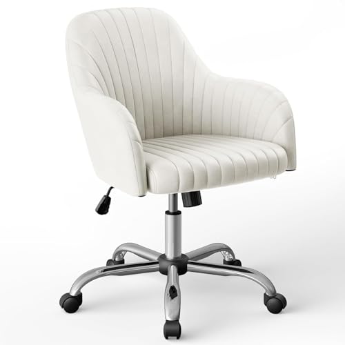 Image of Velvet Desk Chair for Home Office, Adjustable Swivel Task Chair Modern Computer Vanity Chairs with Arm Rest for Bedroom Living Room Make-up Room (Beige)