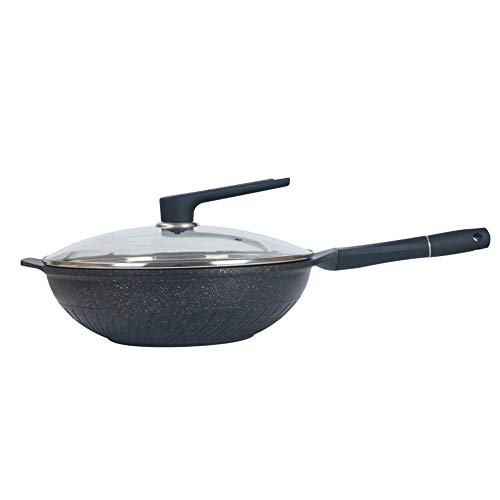 Sartén Wok - Aluminio de 32 cm Revestimiento Antiadherente Con Tapa de Vidrio Templado Apto para Cualquier Estufa Incluido Inducción,Negro