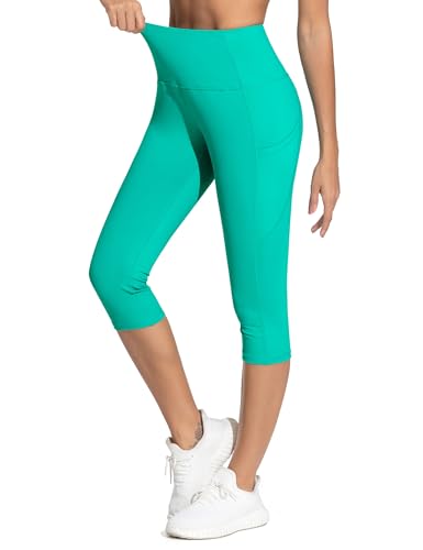 Image of THE GYM PEOPLE Thick High Waist Capris Yoga Pants with Pockets, Tummy Control Workout Running Yoga Leggings for Women