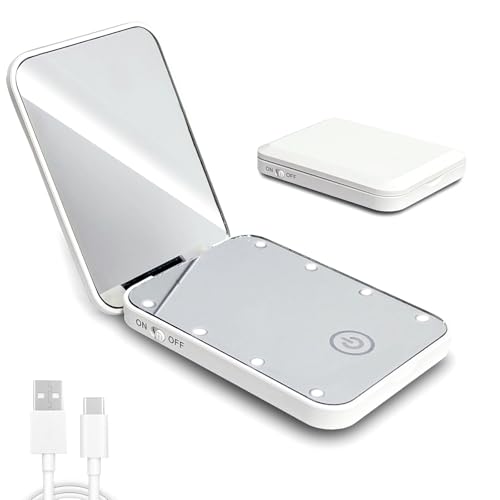 AmiCera Rechargeable Pocket Mirror, 1X/2X Magnification LED Compact Travel Makeup Mirror, Dimmable, Portable Compact Mirror, Small Purse Mirrors, Women Girl Gift, White