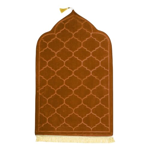 Fabienne Embossed Prayer Mat Anti-Slip Velvet Top Islamic Prayer Mat Dome Style Thick Padded Sajadah Prayer Rug for Men Women Eid Gift Ramadan 70 x 110 cm (Light Brown)