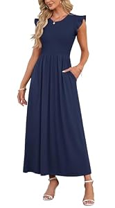AUSELILY Sommer Maxikleid Dame Taschen Hohe Taille Strandkleid Blau Navy XS