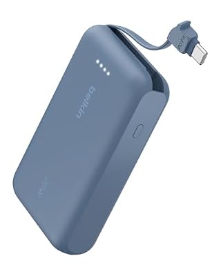 Belkin Portable Charger Power Bank USB C, 10000 mAh w/Integrated Cable, 20W Fast Charge USB-C Power Delivery, iPhone Charger, Apple iPhone 17, Air, Pro, Pro Max, iPad, Samsung Galaxy S25 - Blue