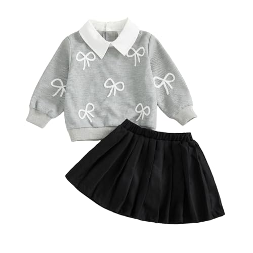 KMBANGI Kids Little Girl Skirt Set Long Sleeve Turn-down Collar Sweatshirt Bow Sweater A-line Pleated Skirt Trendy Clothes (Gray, 4T)