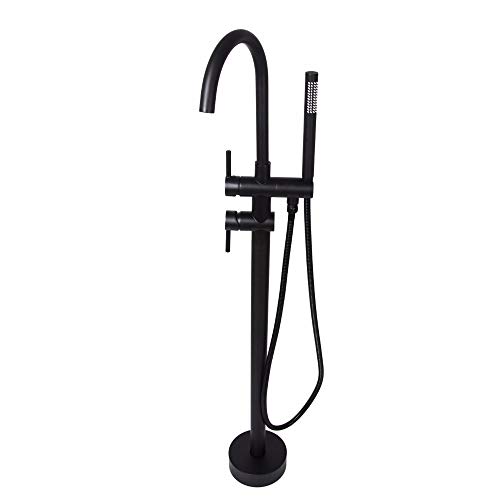 Grifo Independiente Grifo de latón de latón Llena de llanuras de bañera Negra montado en el Piso de Ducha Ducha Ducha de Ducha con Ducha Manual y Agua fría y Caliente