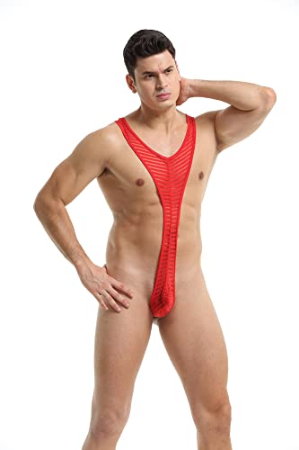 4Ufit Men's One-Piece Bodysuit Ice Silk Striped Mankini Swimsuit Underwear Suspender Thongs Red #TOP6