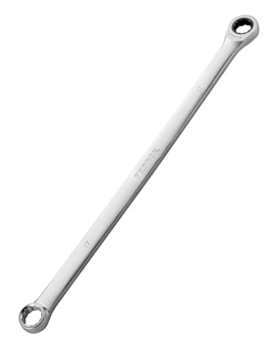 Image of toolant 17mm Extra Long Ratcheting Wrench, Offset Head Double Box-End Ratcheting Wrench, Metric, 90-Tooth and 4 Swing, with Storage Tray