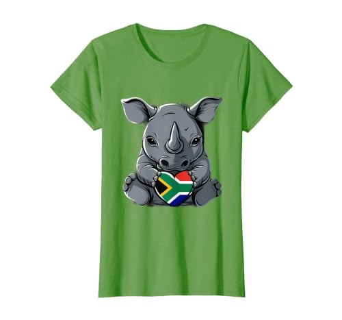 South Africa Flag Cute Rhino Heart South African Pride T-Shirt, Women, Grass Green, X-Large