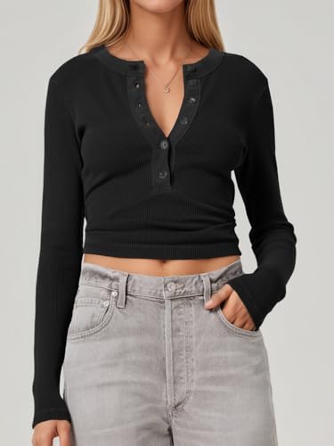Tankaneo Womens Deep V Neck Tops Low Cut Ribbed Knit Henley Shirts Fall Long Sleeve Slim Fit Going Out Tees2