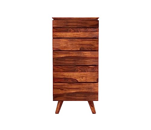 Image of Solid Wood 6 Drawer Chest, Mid-Century Modern Style, Natural Brown Finish, 42x20x18 Inch Tall Dresser with Angled Legs