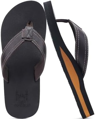 KuaiLu Mens Flip Flops Faux Leather Thong Sandals with Arch Support