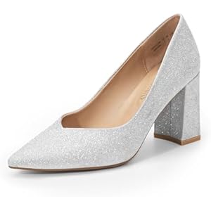 DREAM PAIRS Women’s High Chunky Closed Toe Block Heels Pointed Toe Wedding Party Elegant Slip On Pumps Shoes 5.5 Silver