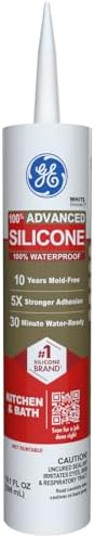GE Advanced Silicone Caulk for Kitchen & Bathroom, White, 10 fl oz Cartridge, 1 Pack - 100% Waterproof Silicone Sealant, 5X Stronger Adhesion, Shrink & Crack Proof