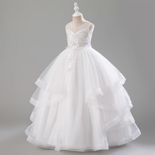 IDOPIP Sequin Flower Girl Dress for Girls Party Wedding Gown Princess Pageant Birthday Tulle Dress for Kids Long Prom Ball Formal Maxi Dresses Junior Bridesmaid Communion Dresses White 13-14 Years - Thumbnail 3