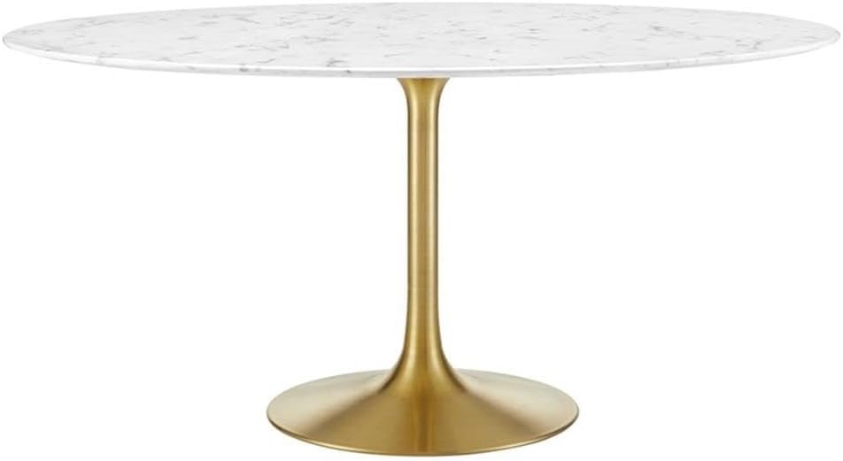 Pemberly Row 60" Round Faux Marble & Metal Dining Table, White and Gold Finish, Beveled Edge, Modern Pedestal Base, Seats 6, Durable Dining Room Table for Family Gatherings