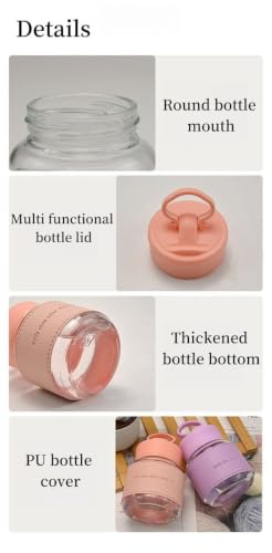 Image of Aesthetic Mobile Handle Water Bottle With Lather Sleeve 300 ML, Set Of 2 Reusable Coffee Mug Mini Portable Glass Sippy Cups for Juice, Milk, Iced Coffee & Kids, Leakproof Travel Bottles - MULTICOLOR