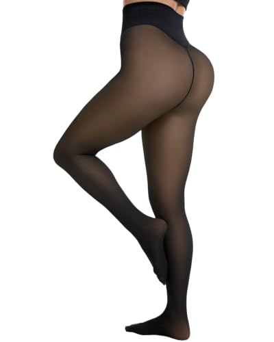 Image of Fleece Lined Tights Women One Line High Waist Warm Sheer Fleece Tights Thick Thermal Pantyhose Winter Black