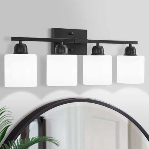 Bathroom Light Fixtures, 4-Light Modern Vanity Light with Milky White Frosted Glass Shades, E26 Socket Wall Lamp, Bathroom Lighting Fixtures Over Mirror Bedroom, Dressing Room (Matte Black, 4-Light)