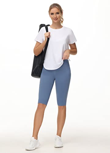 The Gym People Women's Workout T-Shirts Loose Fit Short Sleeve Cotton Running Basic Tee Tops With Split Hem White #TOP5