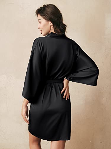 Aw Bridal Women's Black Silk Robe, Short Satin Kimono Robe Bridal Party Robes For Brides Bridesmaids, Black L #TOP4