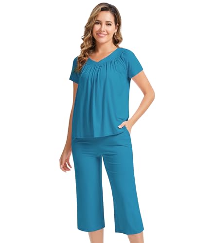 Image of NACHILA Pajamas for Women-Viscose Made from Bamboo, Short Sleeve Sleepwear Soft Capri Pants Pajama Set Pleated Loungewear