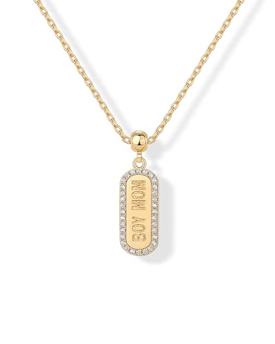PAVOI 14K Yellow Gold Plated Dainty Dog Tag Charm Pendant Mom Necklace for Women - Gold Adjustable Sliding Chain Mama Necklace Jewelry for Mothers Day - Mom and Son Gift Removable Charm Pendant
