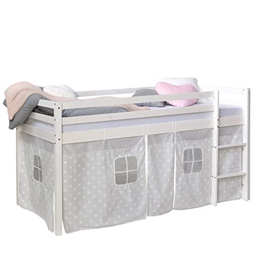 Homestyle4u 1888, Hochbett Weiß 90x200 Kinder, Vorhang mit Sterne, Holz