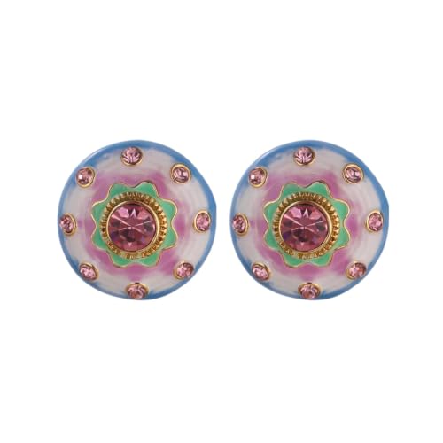 Boucles d'oreilles rondes émail coloré vintage, cadeau idéal avec strass cristal rose