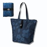 [RONNOS] ファスナー 肩掛け エコバッグ 大容量 折りたたみ 保冷 トートバッグ コンパクト マチ広 保温 丈夫 裏地つき 中が見えない ポケット付き チャック付き ショッピングバッグ (フラワー ネイビー, L)