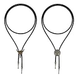 lunictto 2 Pcs Vintage Western Cowboy Necktie for Men & Women, Antique Bronze Bull Skull & Retro Floral Pendant, Faux Leather Necklace with Metal Tips for Shirt, Costume Party, Wedding Accessories