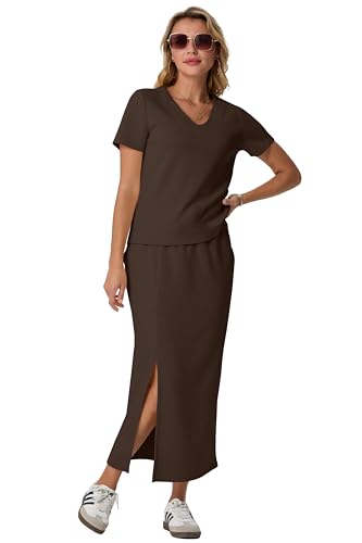 Image of GRECERELLE Women Summer Casual 2 Piece Sets V-Neck Wrinkle-Free Top & Elastic Waist Midi Side Slit Skirt with Pockets