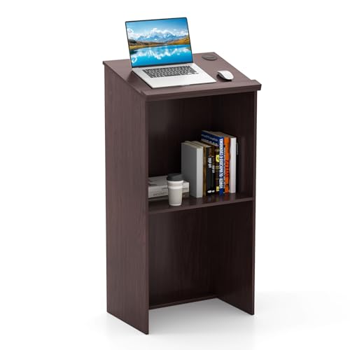 COSTWAY Soporte de Podio, 116,5 CM Soporte para Altavoces con Estante y Orificios para Cables, Púlpito para Iglesia, Escritorio de Pie de Madera para Aula Oficina Restaurante (marrón)